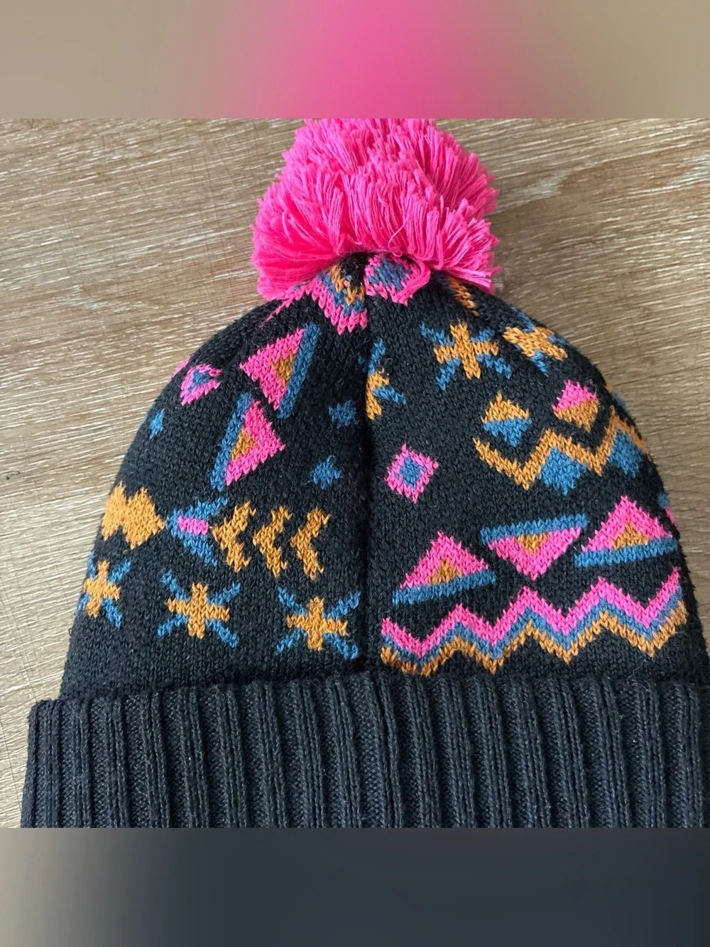 Patagonia Beanie Hat Cap Youth Pink Black Powder Town Pom Ski Ribbed Knit